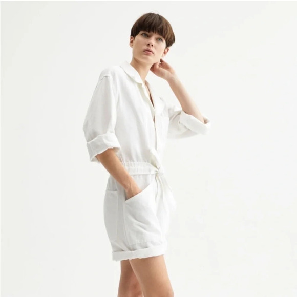 NILI LOTAN White Ariana Tie Front Utility Belted Playsuit Romper XS Cotton Linen - Picture 5 of 15